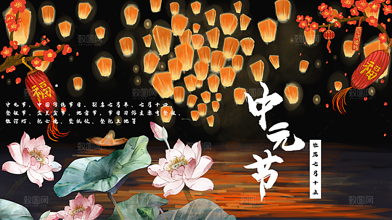 七月半中元节放孔明灯莲花天灯夜景海报