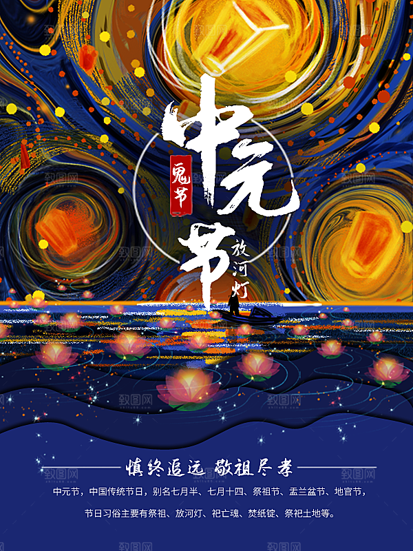 七月半中元节放孔明灯莲花天灯夜景海报