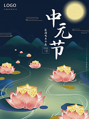 七月半中元节放孔明灯莲花天灯夜景海报