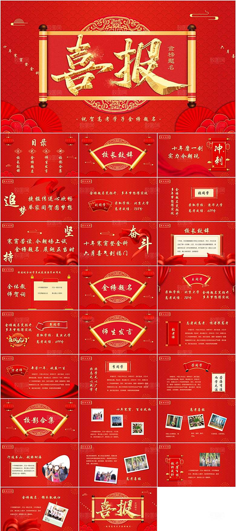 红色简约喜庆高考喜报PPT