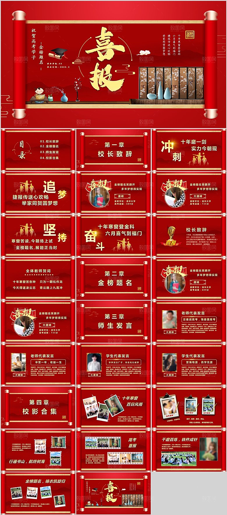 红色简约喜庆高考喜报PPT