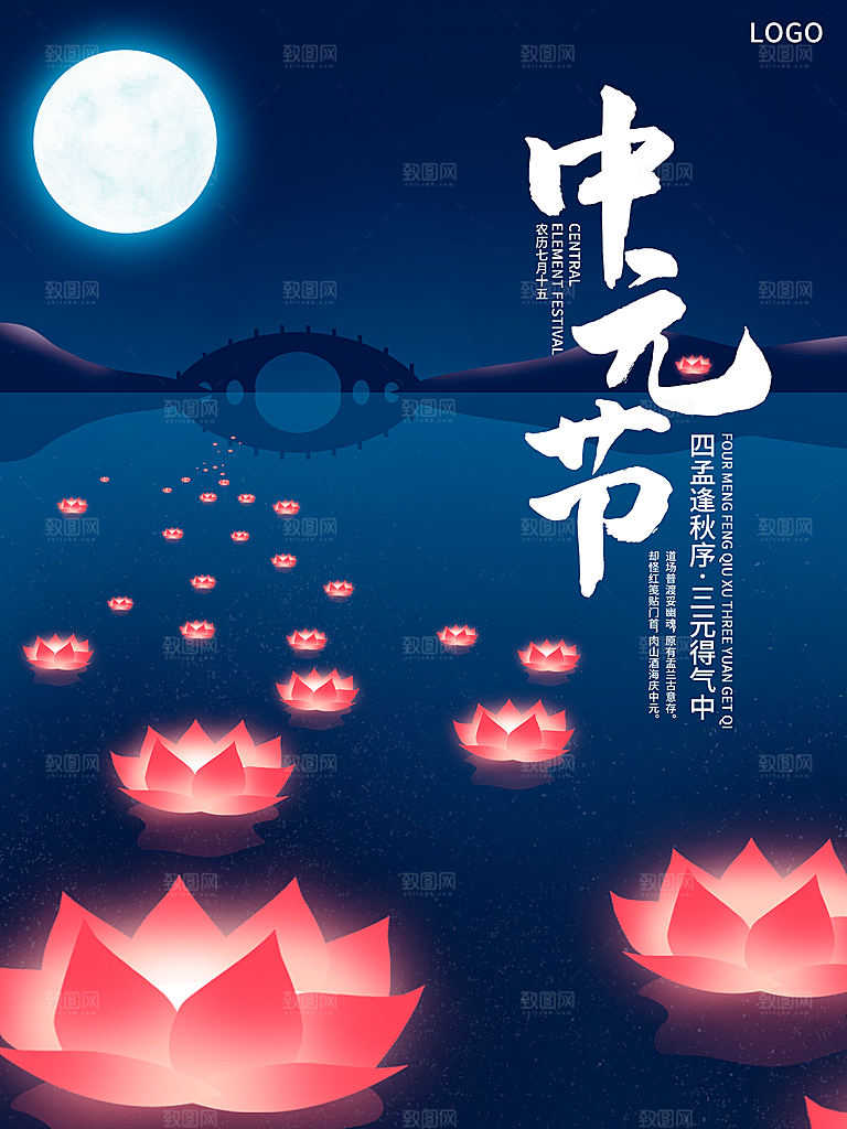 七月半中元节放孔明灯莲花天灯夜景海报