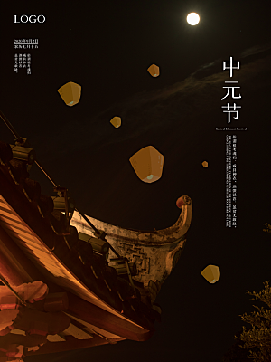 七月半中元节放孔明灯莲花天灯夜景海报