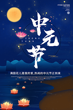 七月半中元节放孔明灯莲花天灯夜景海报