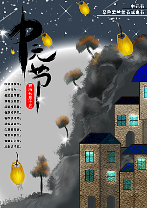 七月半中元节放孔明灯莲花天灯夜景海报