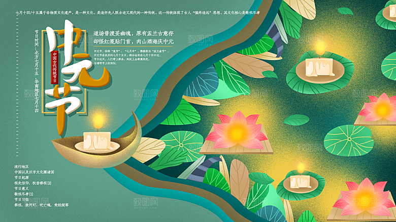 七月半中元节放孔明灯莲花天灯夜景海报