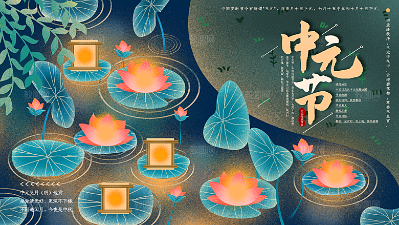 七月半中元节放孔明灯莲花天灯夜景海报
