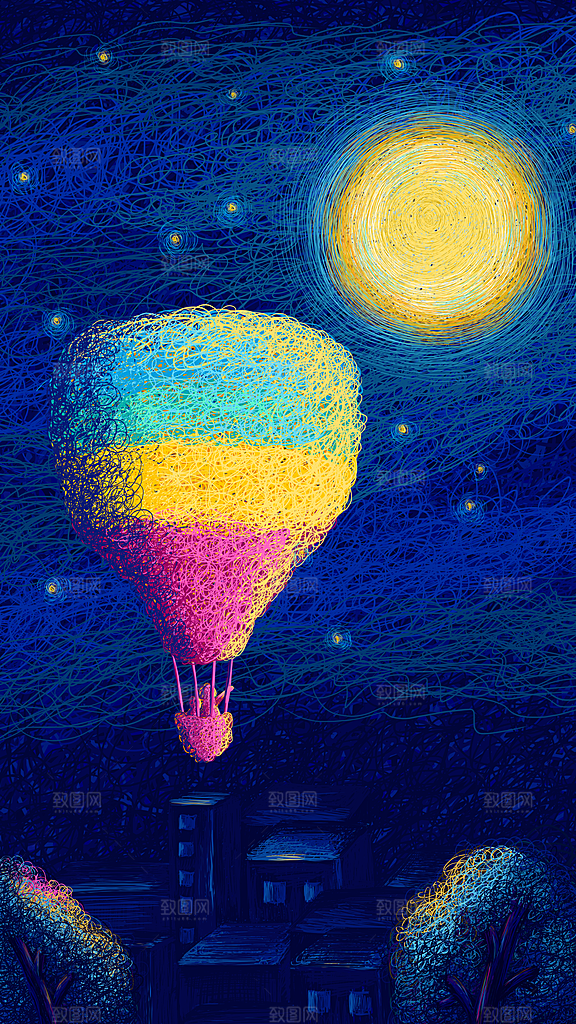 唯美星空晚安手绘插画