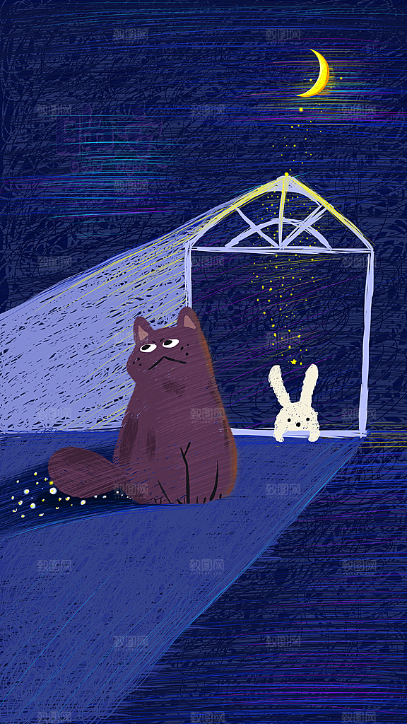 唯美星空晚安手绘插画
