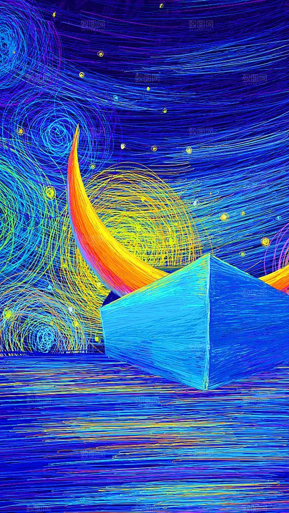 唯美星空晚安手绘插画