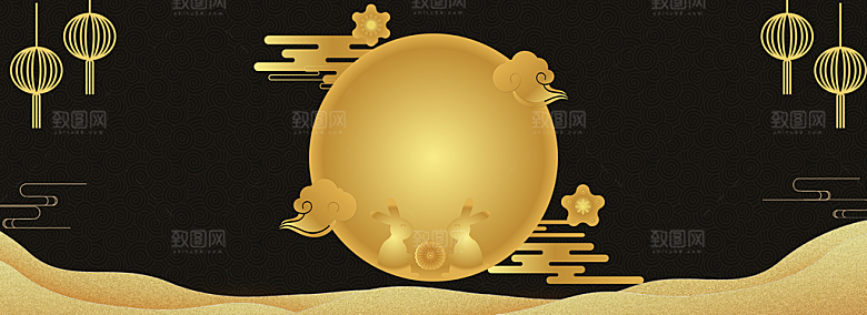 中秋节烫金黑金玉兔月亮素材