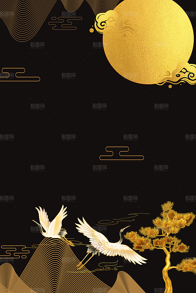 中秋节烫金黑金玉兔月亮素材