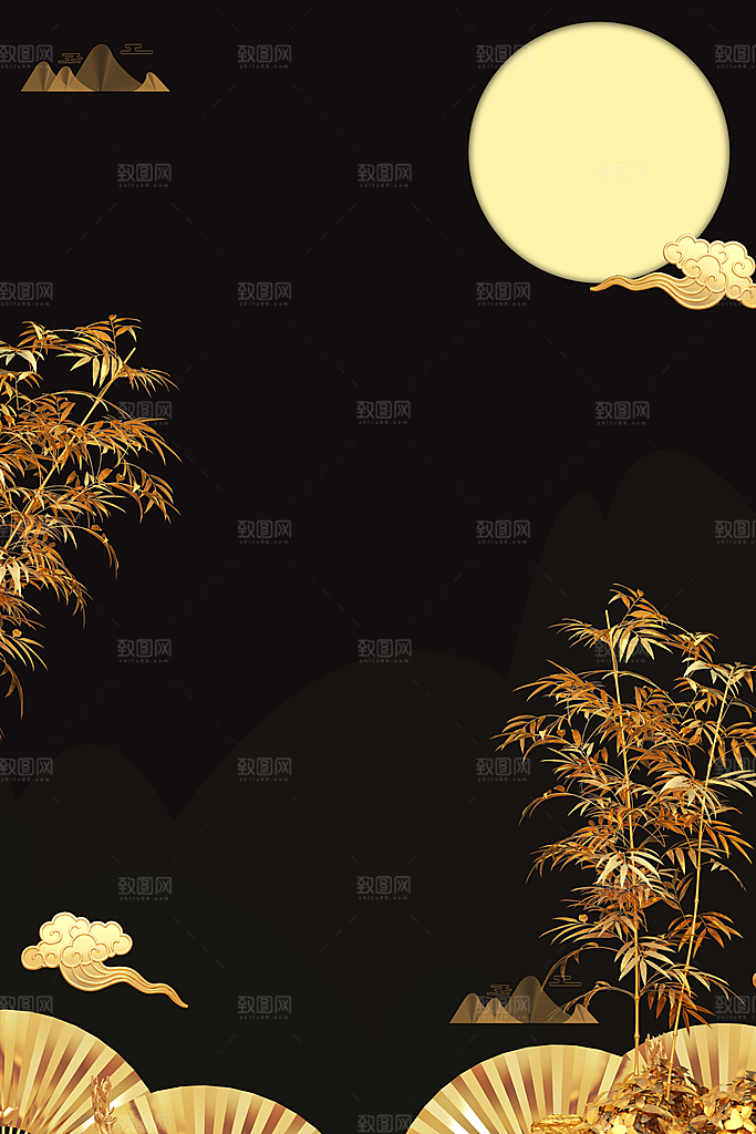 中秋节烫金黑金玉兔月亮素材