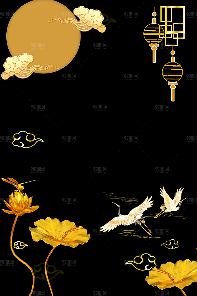 中秋节玉兔月亮烫金黑金素材