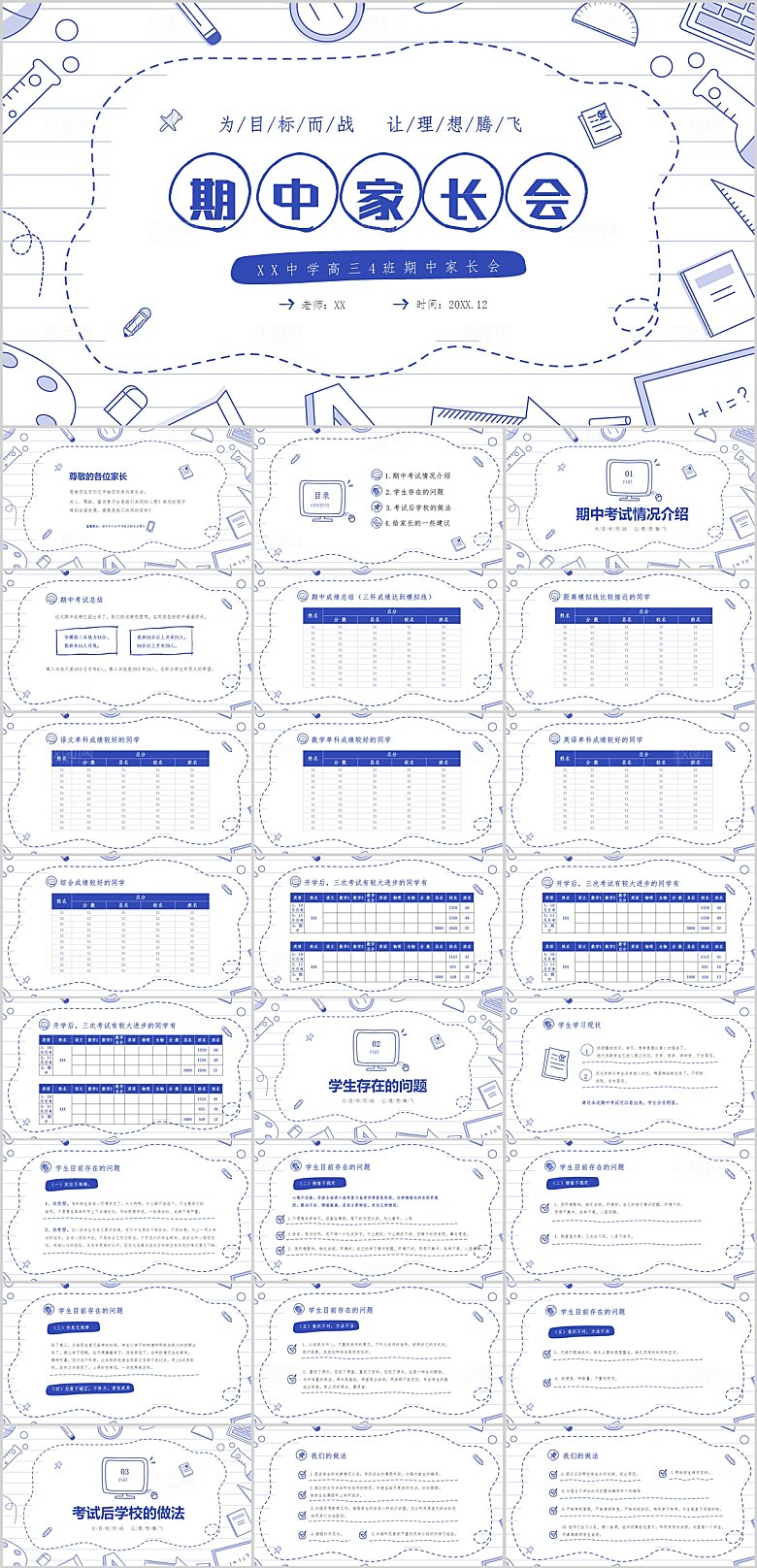 蓝色简约高三期中家长会ppt