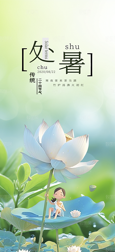 浅色夏日夏天处暑二十四节气海报