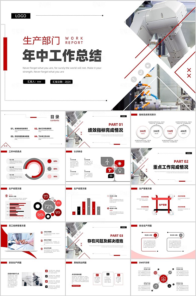 红黑简约生产年中工作总结ppt