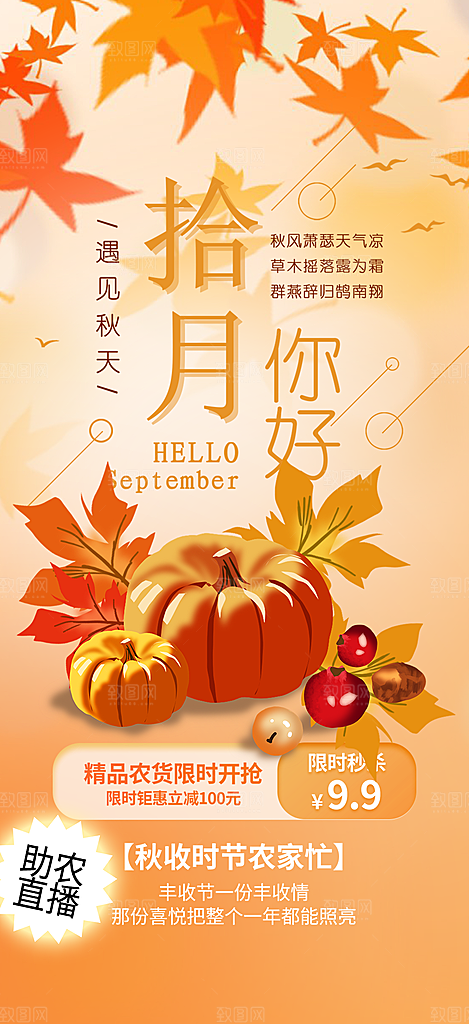 秋日秋天金秋十月你好海报
