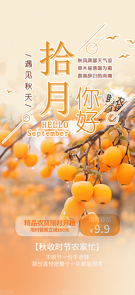 秋日秋天金秋十月你好海报