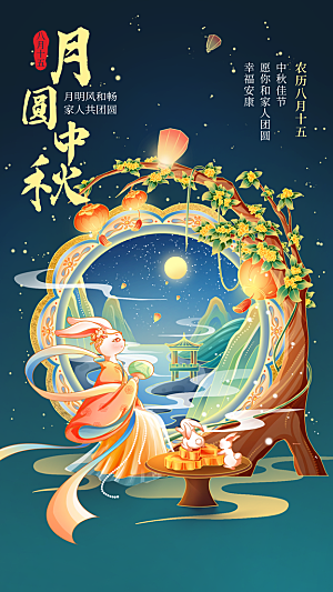 中秋节节日祝福月饼兔子海报