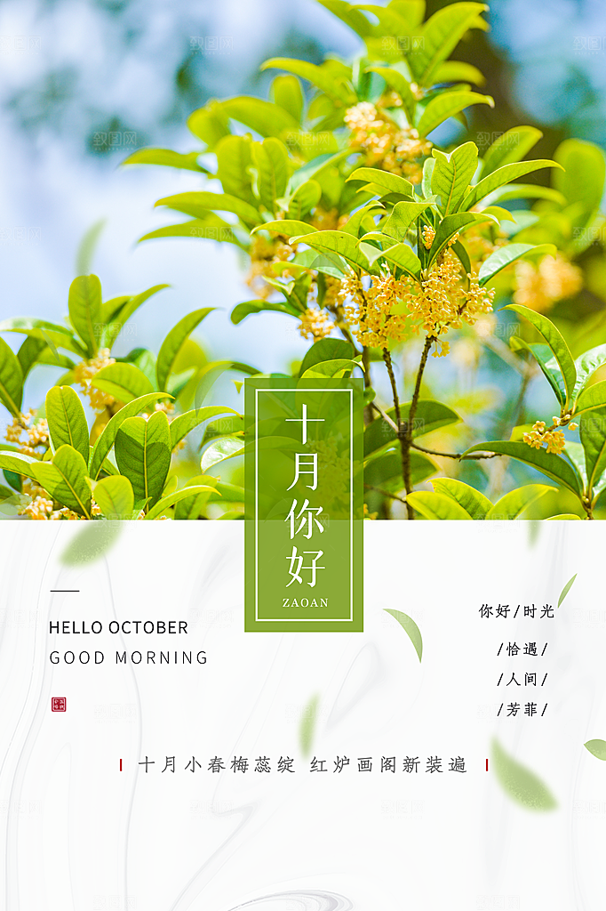 金秋十月秋天唯美日签打卡海报