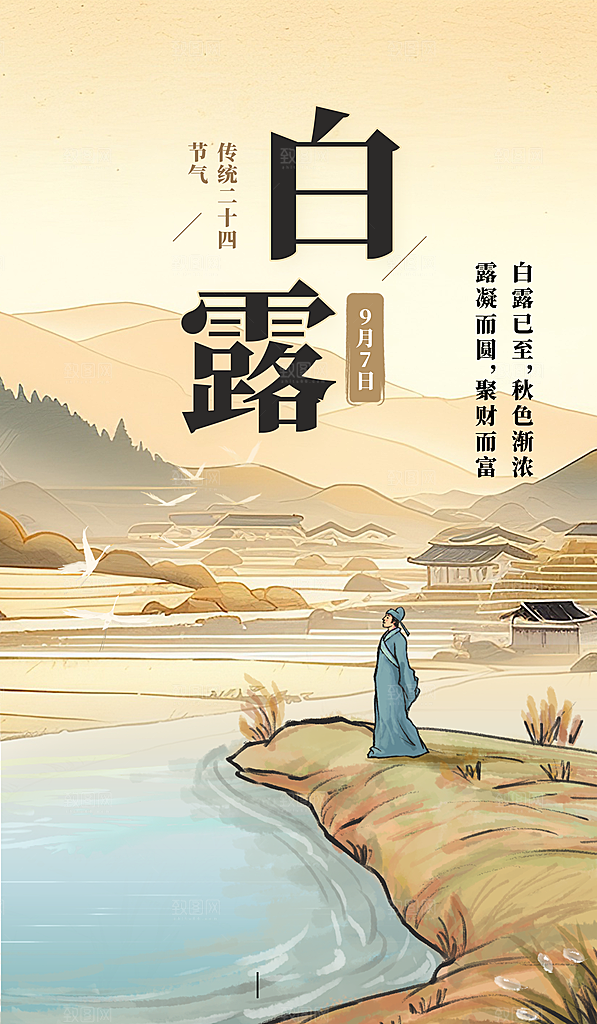 中国传统节气白露简约手机海报