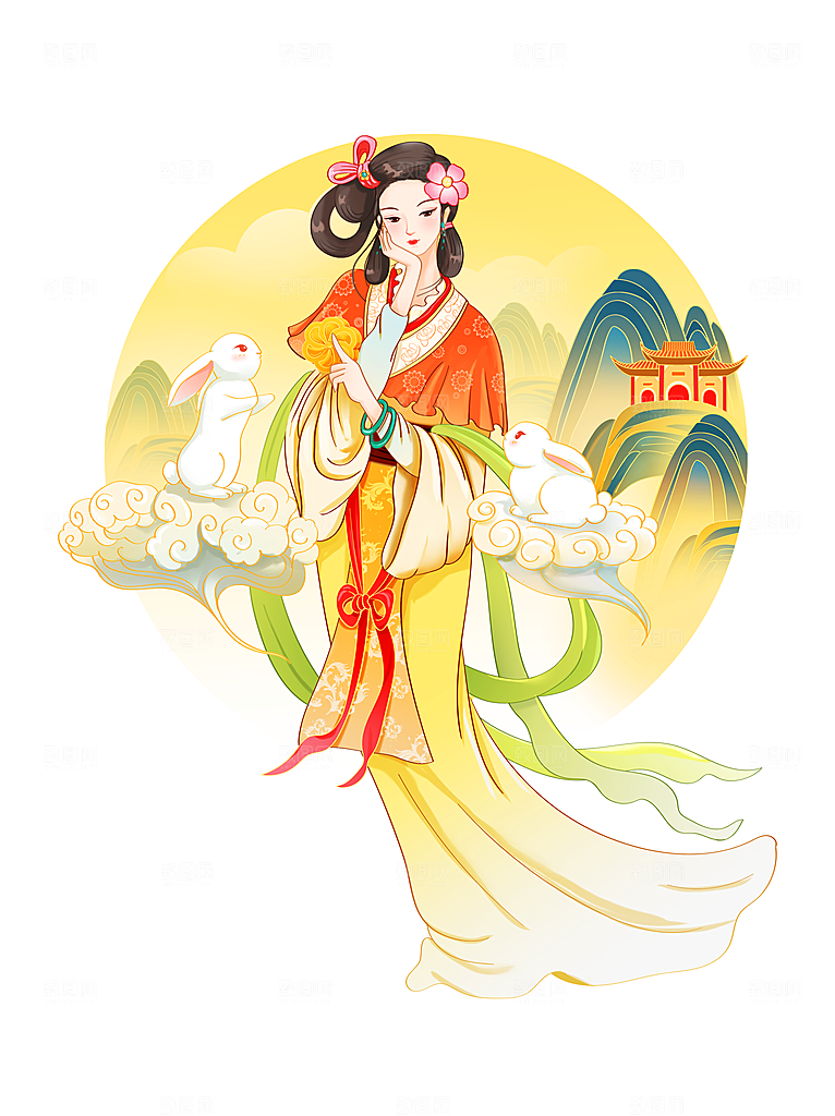 简约大气中秋节嫦娥奔月插画素材