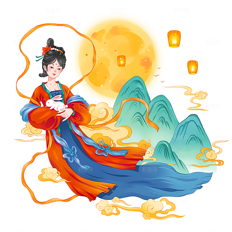 简约大气中秋节嫦娥奔月插画素材