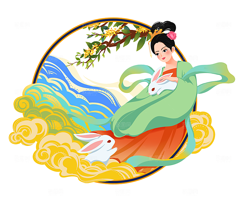 简约大气中秋节嫦娥奔月插画素材