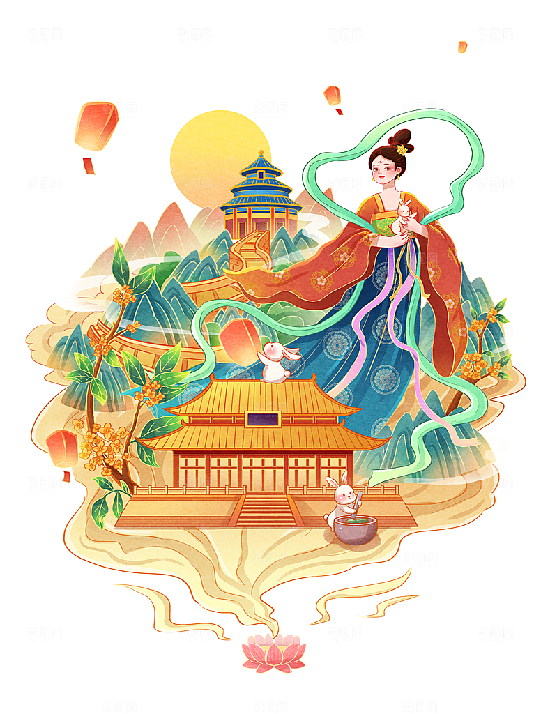 中秋节嫦娥奔月插画元素