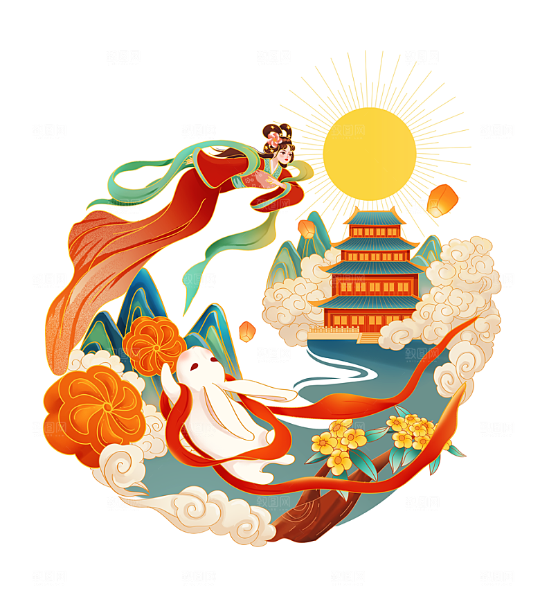 中秋节嫦娥奔月插画元素