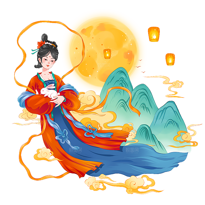 简约大气中秋节嫦娥奔月插画素材