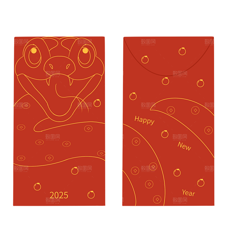 2025蛇年新年快乐红包封面封底设计模板