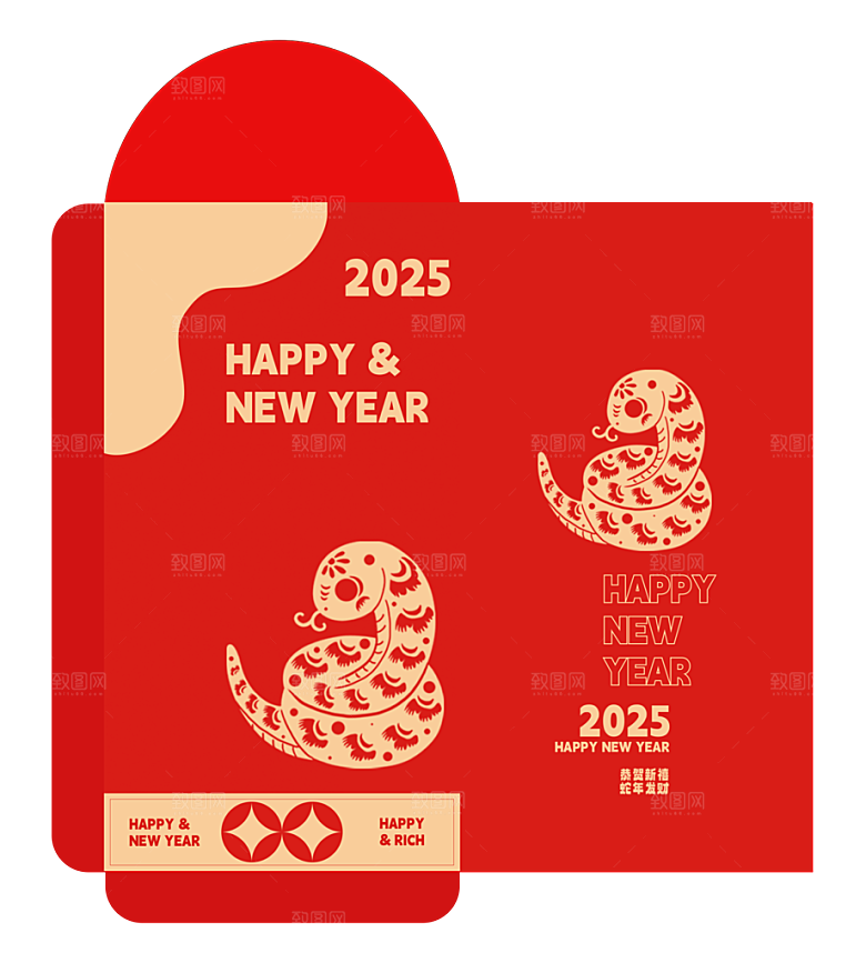 2025蛇年新年快乐红包封面封底设计模板