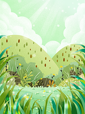 手绘树林植物叶子踏青风景插画