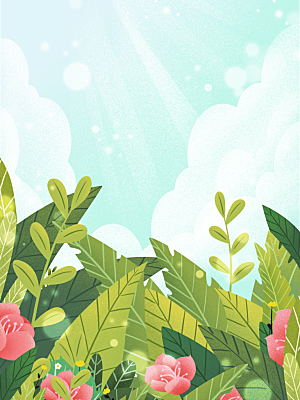 手绘树林植物叶子踏青风景插画