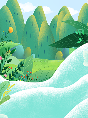 手绘树林植物叶子踏青风景插画