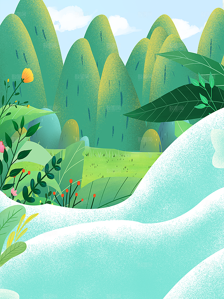 手绘树林植物叶子踏青风景插画
