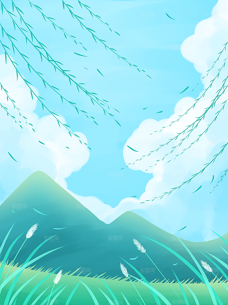 手绘树林植物叶子踏青风景插画