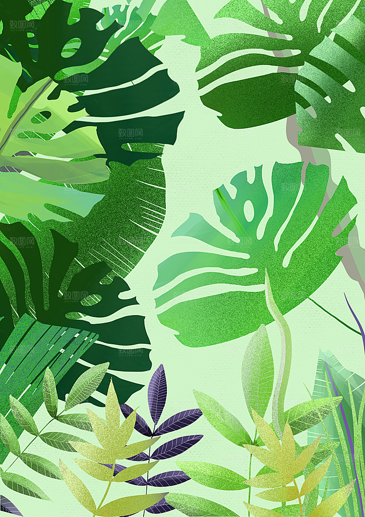 手绘树林植物叶子踏青风景插画