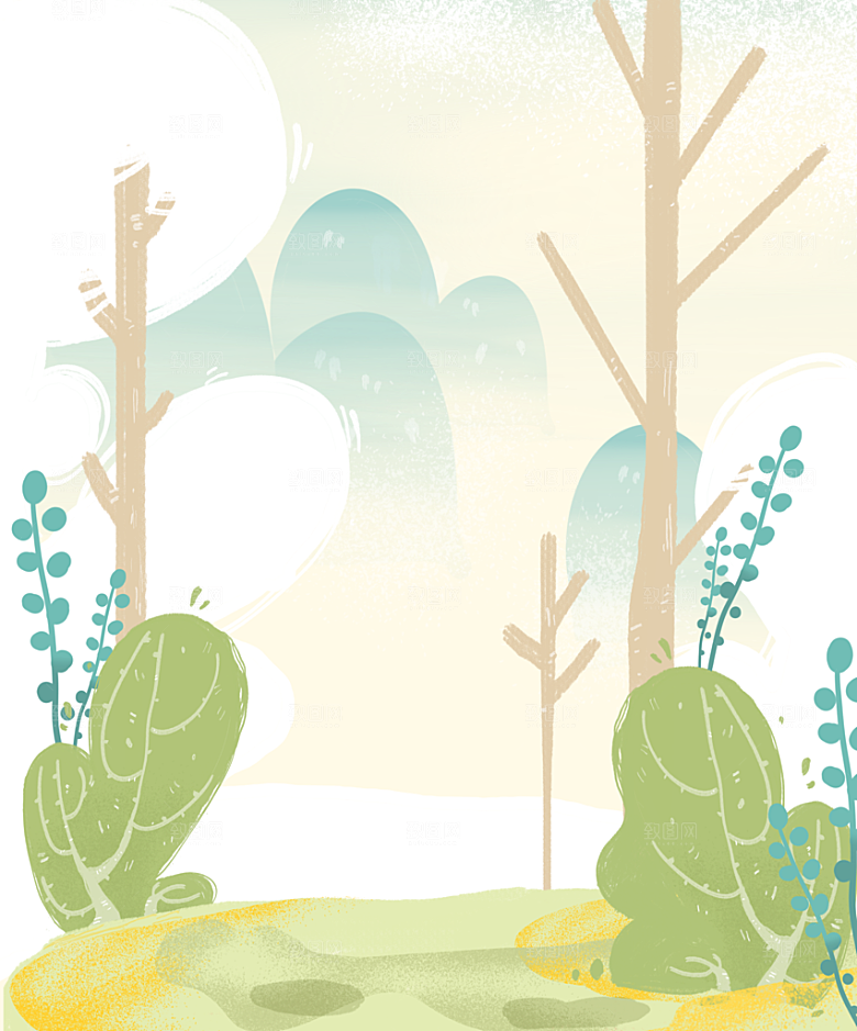 手绘树林植物叶子踏青风景插画