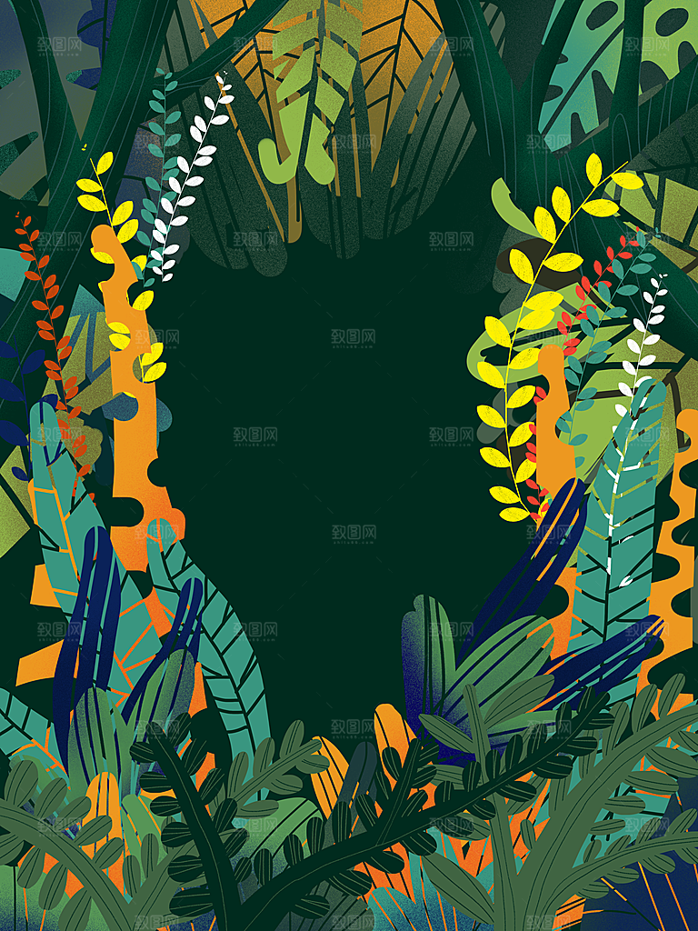 手绘树林植物叶子踏青风景插画