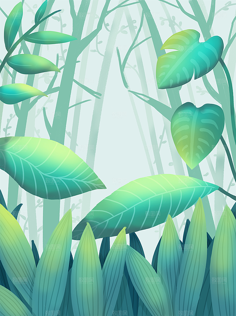 手绘树林植物叶子踏青风景插画