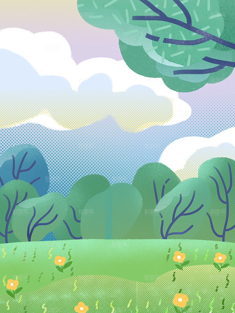 手绘树林植物叶子踏青风景插画