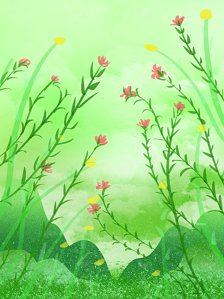 手绘树林植物叶子踏青风景插画