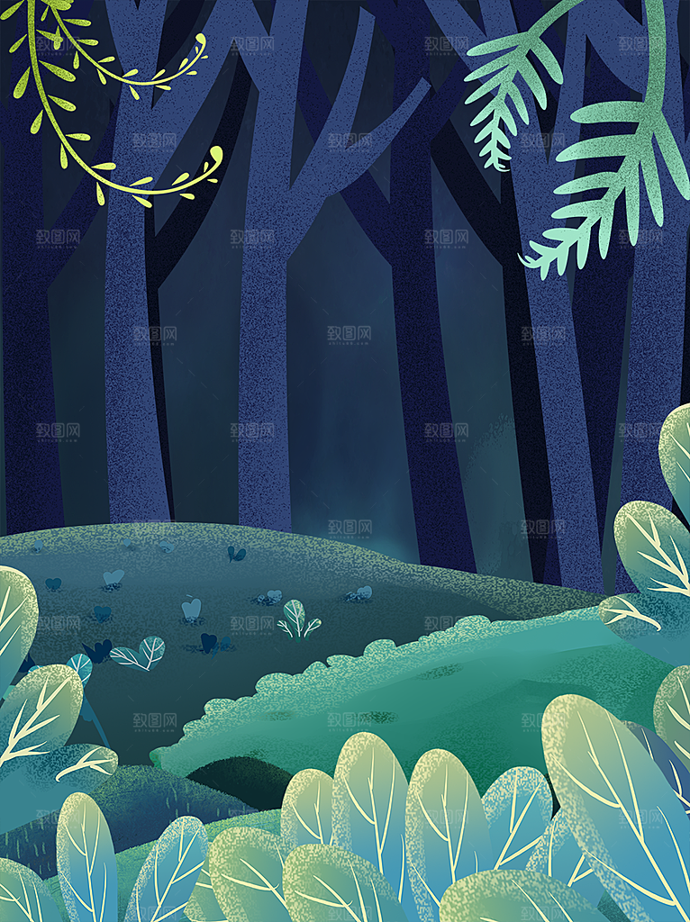 手绘树林植物叶子踏青风景插画