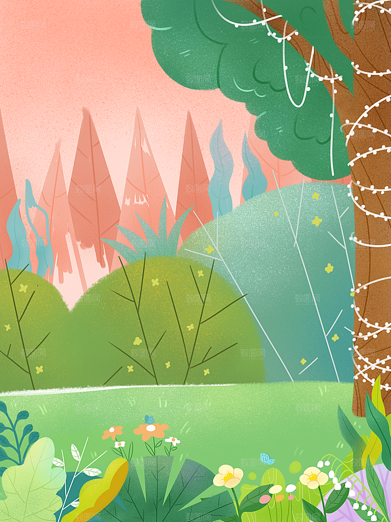 手绘树林植物叶子踏青风景插画