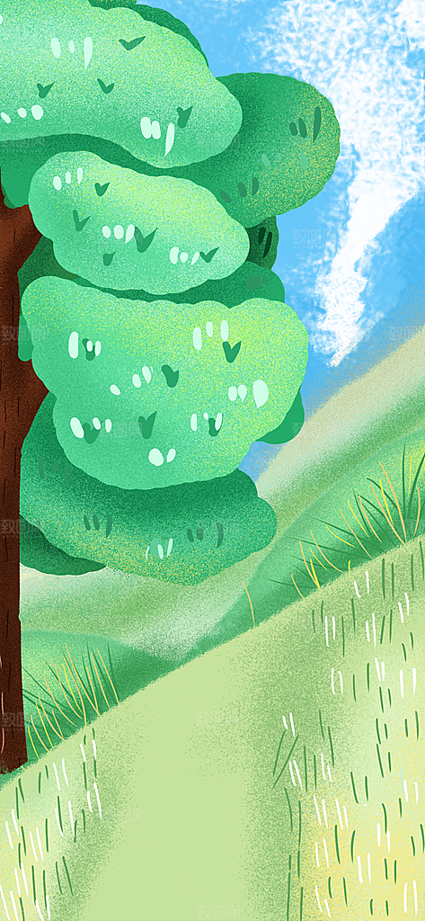 手绘树林植物叶子踏青风景插画