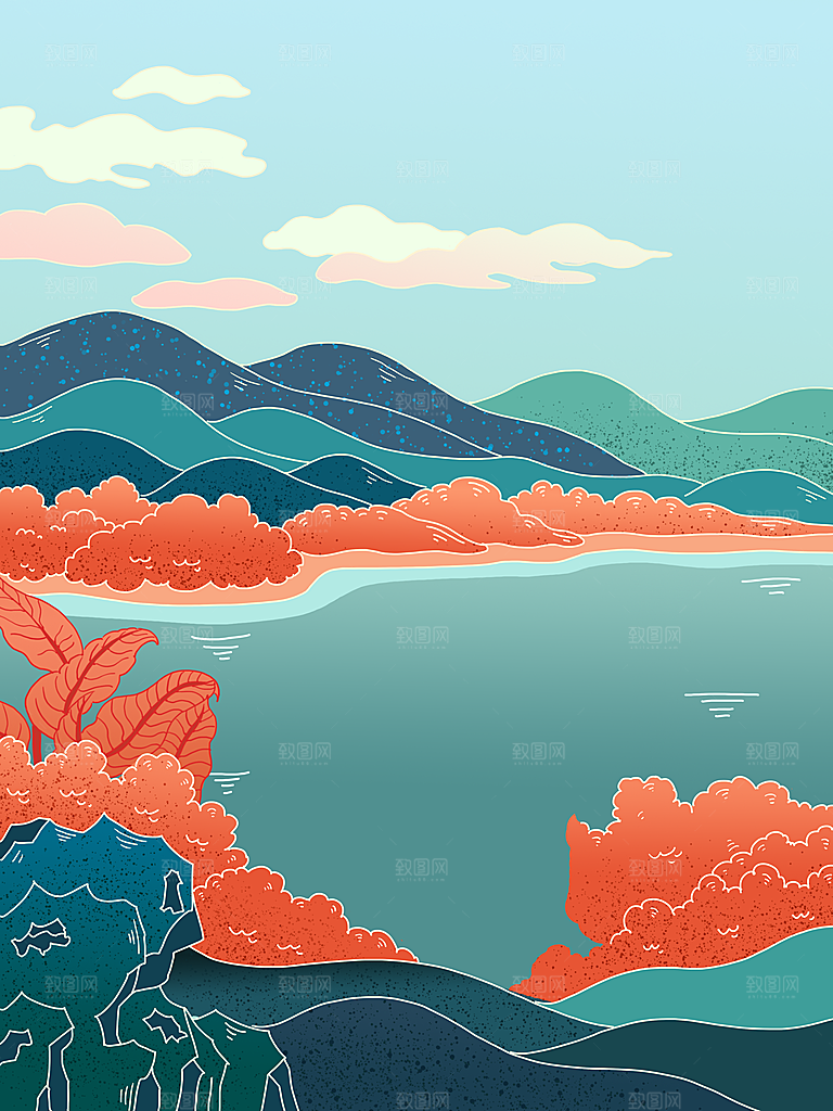 手绘树林植物叶子踏青风景插画