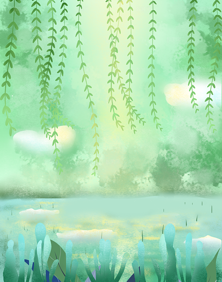 手绘树林植物叶子踏青风景插画